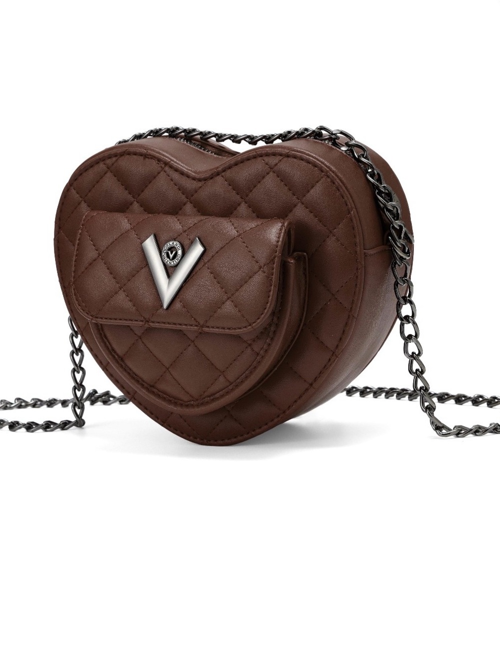 NWT- Valentino Orlandi Quilted Heart Crossbody Bag in Brown with Gunmetal Chain - Picture 2 of 7